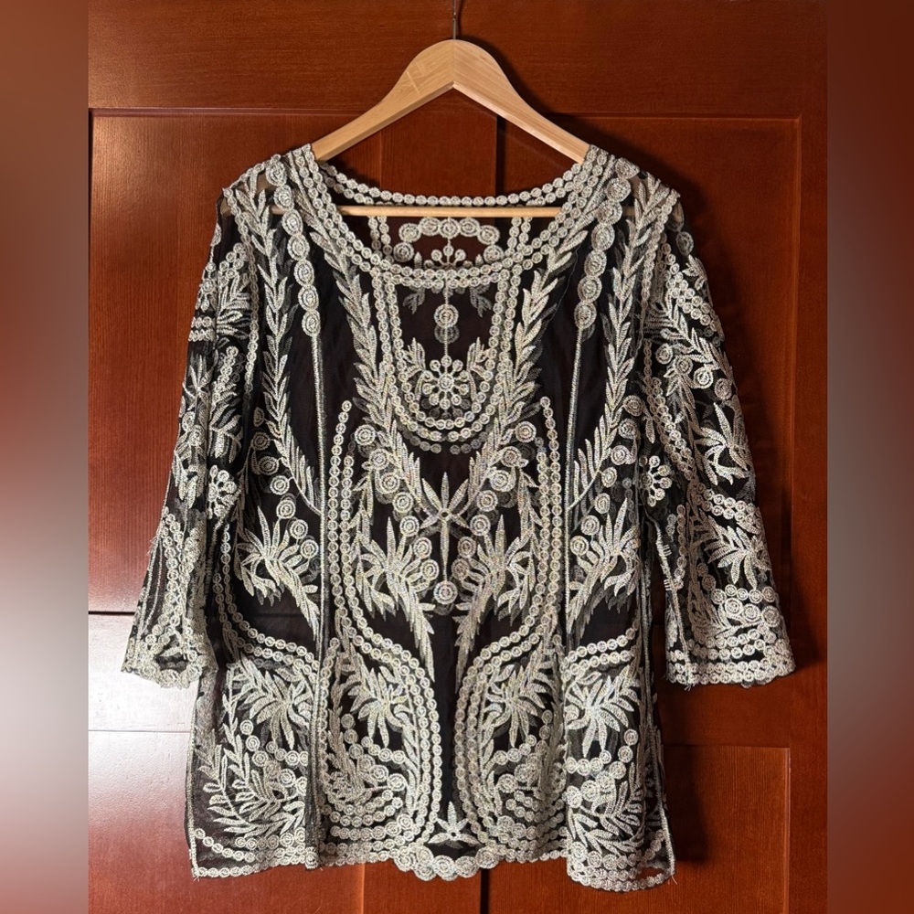 Elegant Black and Cream Embroidered Sheer Mesh Top Size XL